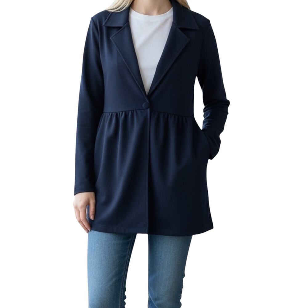 Susan Graver Blazer Liquid Knit Navy Peplum Empire Waist One Button Jacket XL